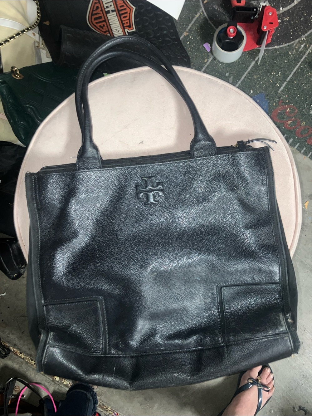 Tory Burch Black Leather Tote with Double-T Logo